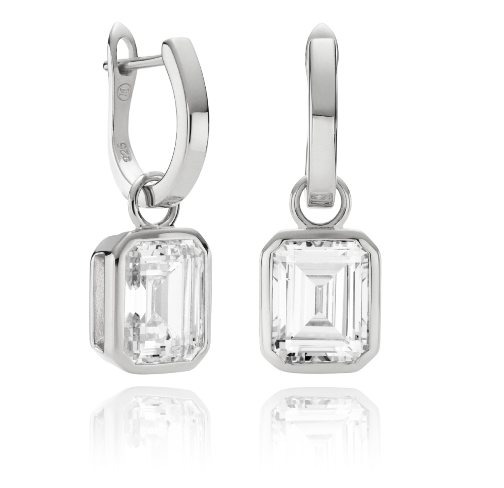 These emerald-cut drops are the epitome of chic, the carat equivalent of 3.79cts. In addition, they connect to any of our .925 hoops, making them available to purchase as standalone drops.